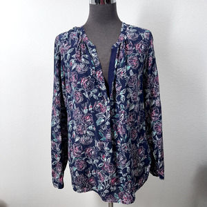 Joie Top Women Small Blue Floral Long Sleeve 100% Silk Blouse V Neck Pullover